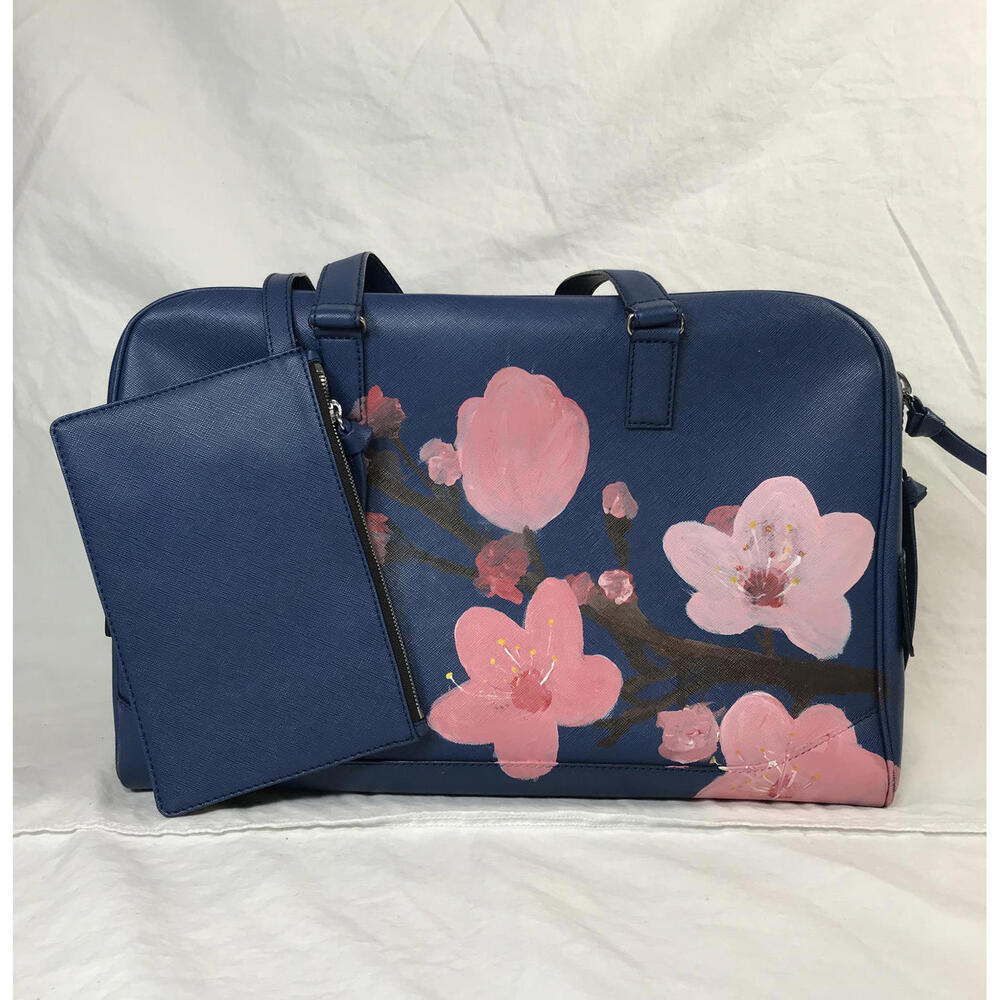 Newbark Blue Handbag with Hand Painted Pink Floral Design and Matching Pouch